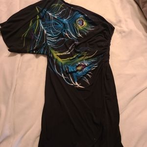 Bisou Bisou peacock one shoulder dress